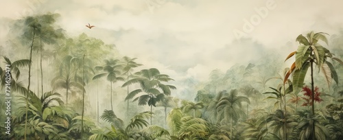Watercolor pattern wallpaper. Painting of a jungle landscape in retro style.