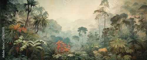 Watercolor pattern wallpaper. Painting of a jungle landscape in retro style. photo