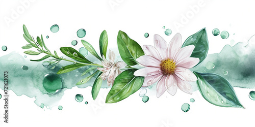 A serene watercolor banner featuring a daisy, olive leaves, and water droplets, evoking a sense of natural purity and herbal healing.
 photo