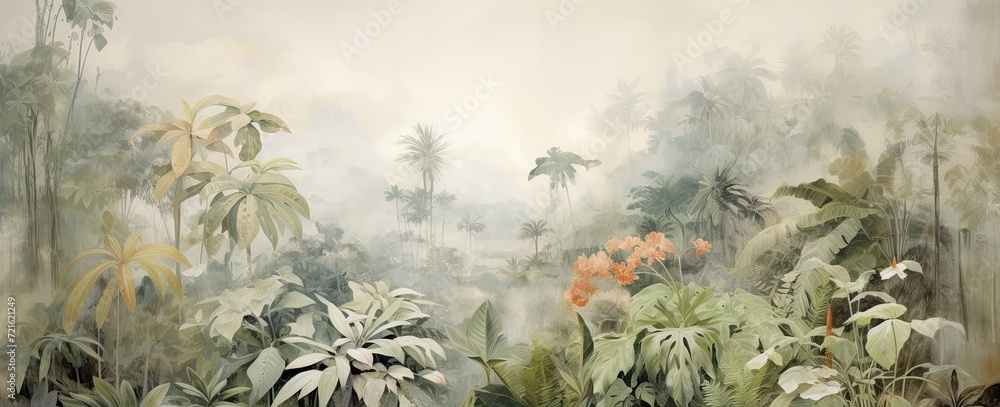 custom made wallpaper toronto digitalWatercolor pattern wallpaper. Painting of a jungle landscape in retro style.