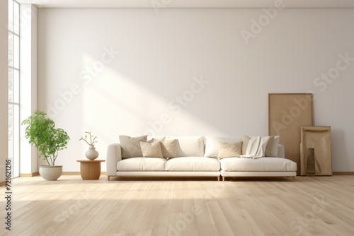 Interior design of a modern minimalistic living room mockup with white walls and hardwood floors. photo