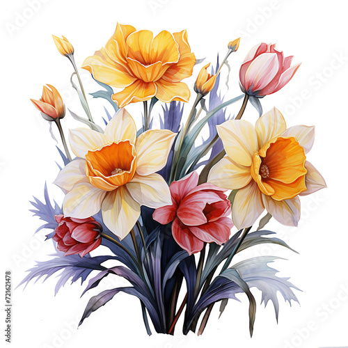 yellow daffodil bunch in watercolor painting style isolated on transparent background