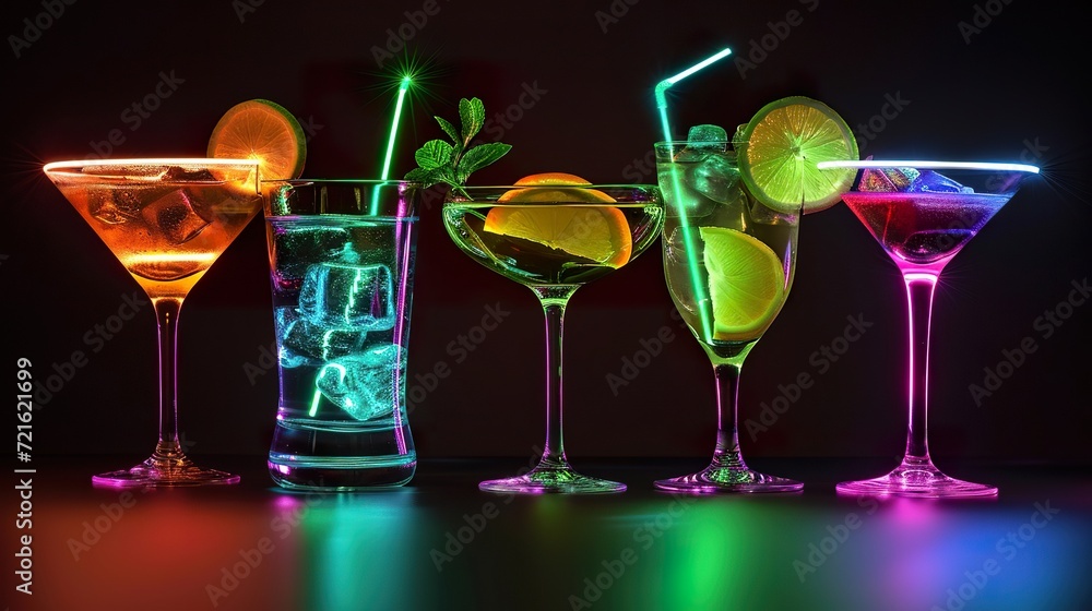 Cocktails in glasses with neon multicolor light on a black background. Generated AI Cocktails in glasses with neon multicolor light on a black background. Generated AI
