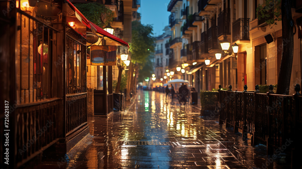 wet roads in the city center after heavy rain with blurred lights in the background, flood danger in Europe at night