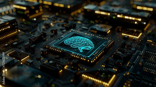Futuristic brain icon on cpu with holographic security elements and ample customization space. photo
