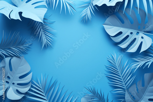Tropical Paper Leaves on Blue Background
