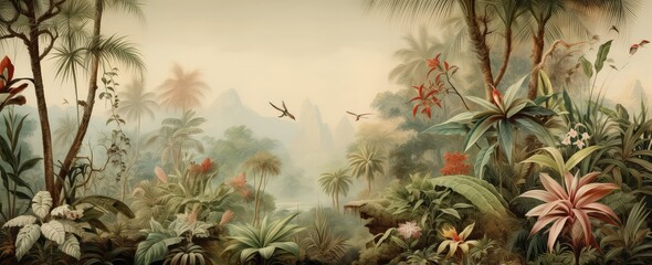Watercolor pattern wallpaper. Painting of a jungle landscape.