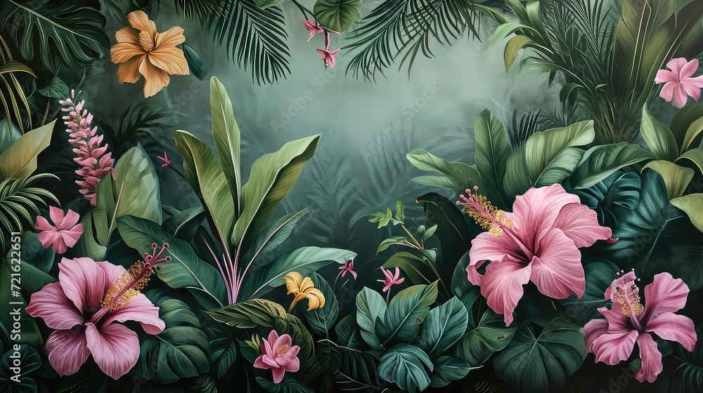 Illustration of a lush jungle landscape. Tropical wallpaper.