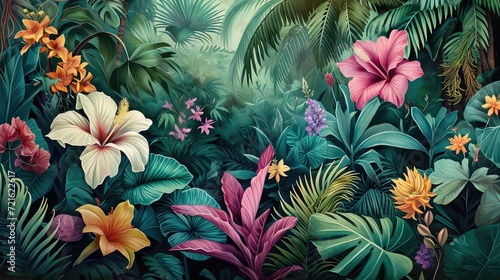 Illustration of a lush jungle landscape. Tropical wallpaper. © Simon