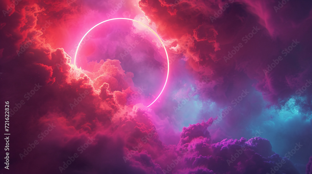 Surreal Neon Ring and Clouds in Twilight Sky
