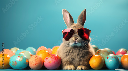 Cute Easter bunny rabbit in cool sunglasses with colorful easter eggs .Easter egg hunt concept. bunny easter with sunglasses and eggs.Cool Easter bunny wearing sunglasses  © Stewart Bruce