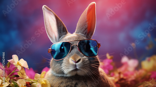 Cute Easter bunny rabbit in cool sunglasses with colorful easter eggs .Easter egg hunt concept. bunny easter with sunglasses and eggs.Cool Easter bunny wearing sunglasses 