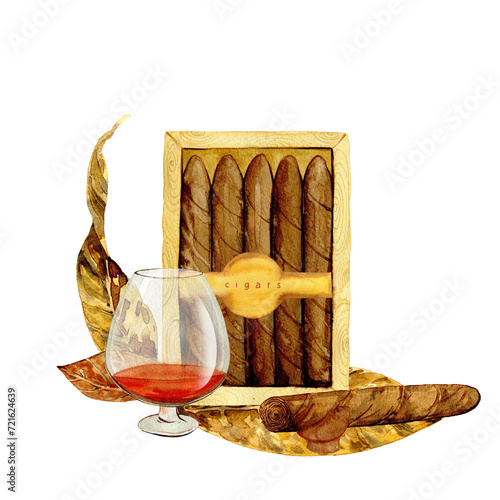 cigars and cognac with tobacco leaves drawn in watercolor, posters, menus, clipart photo