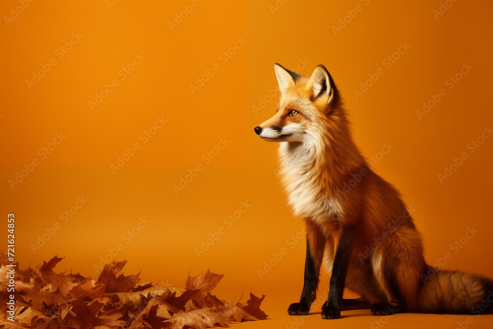 Obraz premium Red Fox with Autumn Leaves on Orange Background