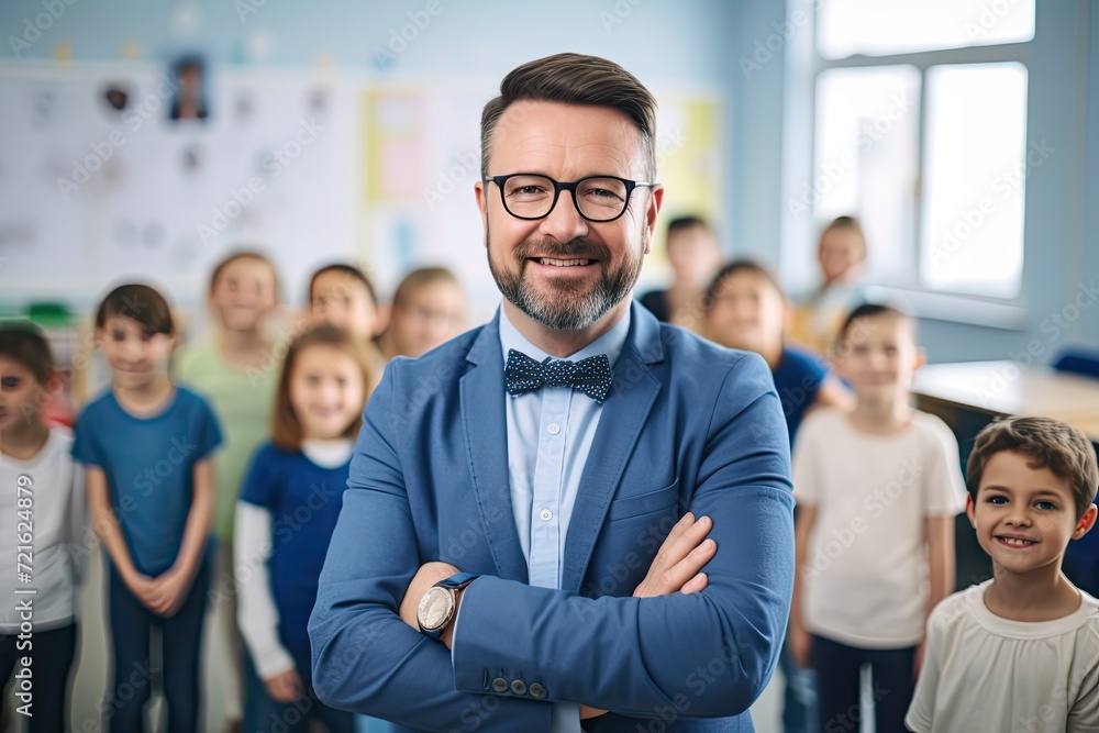 A smiling teacher in front of his students. A smiling teacher in front of his students.