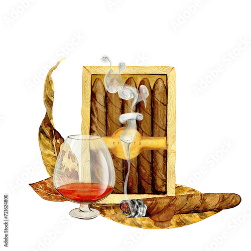 cigars and cognac with tobacco leaves drawn in watercolor, posters, menus, clipart photo
