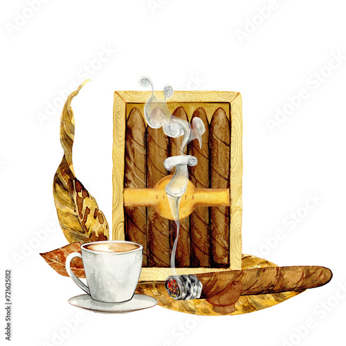 cigars and coffee with tobacco leaves drawn in watercolor, for cards, posters, clipart photo