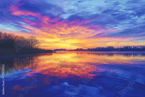 sunrise over a serene lake  with vibrant colors painting the sky