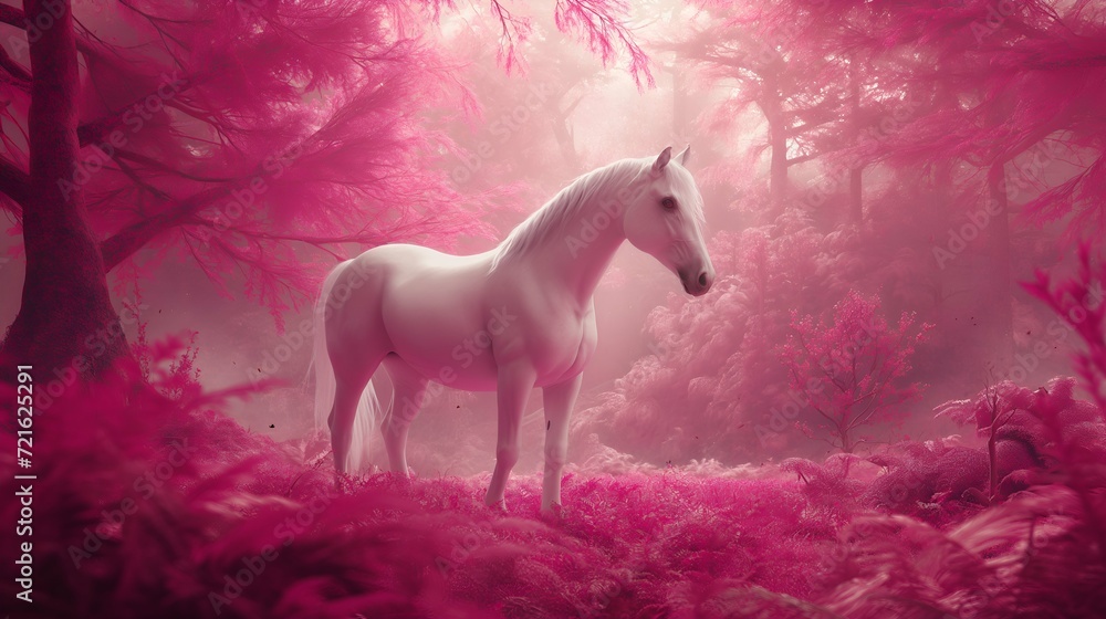 Mystical Forest Meadows White Horse Roaming in Pink Tone Mystical Forest Meadows White Horse Roaming in Pink Tone
