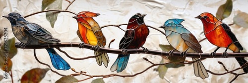 depicting birds on a branch, colorful birds, thin white background, brown branch. made of natural and precious stones and mother of pearl. mosaic style