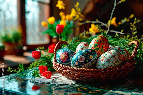 A basket of painted Easter eggs stands on a tabletop covered with a colourful mosaic.