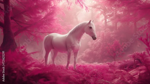 Mystical Forest Meadows White Horse Roaming in Pink Tone