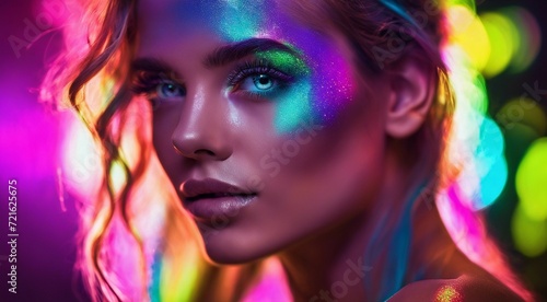 portrait of a woman with creative make up, pretty young woman UV Neon Pigment Makeup Fluorescent colors, dark background, UV makeup