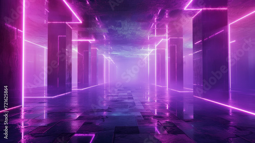 Futuristic neon hallway background, perspective view of empty tunnel with led purple light. Modern design of underground garage, dark abstract hall interior. Concept of room, studio