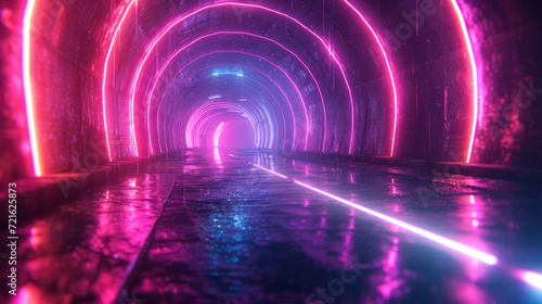 Futuristic neon tunnel background, perspective view of empty road with led purple and red light. Modern design of cyberpunk underground garage, abstract hallway interior.