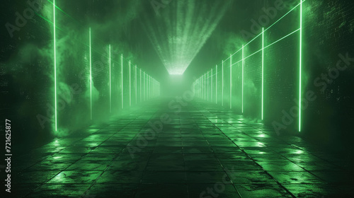 Futuristic neon garage background, perspective view of empty hallway with geometric led green light. Modern design of abstract room, dark grungy hall interior. Concept of studio, scene