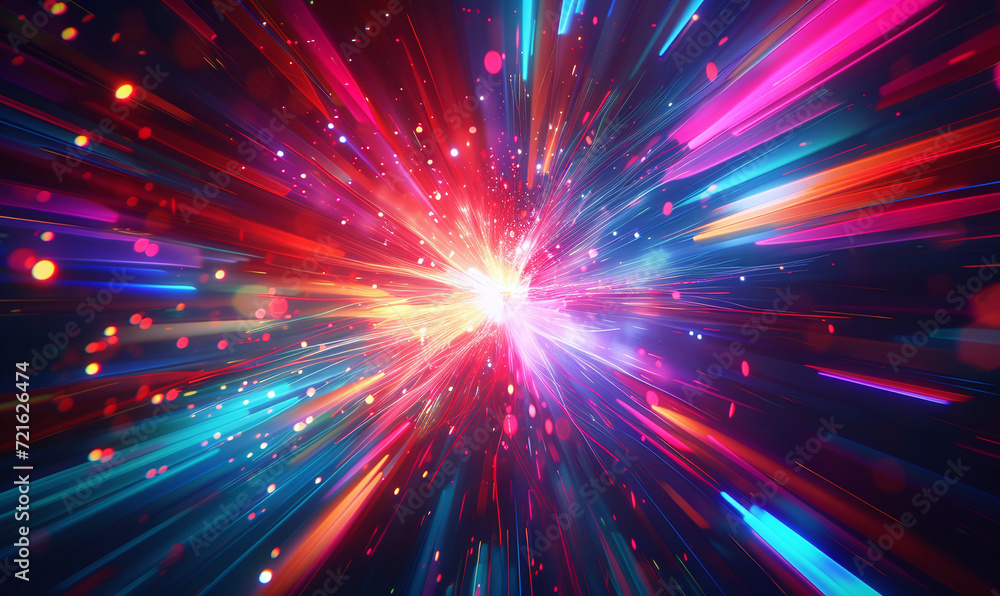Bright neon colors simulate warp speed motion in a dark space, representing high-speed travel or data streaming Bright neon colors simulate warp speed motion in a dark space, representing high-speed travel or data streaming