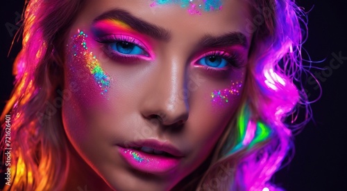 portrait of a woman with creative make up, pretty young woman UV Neon Pigment Makeup Fluorescent colors, dark background, UV makeup