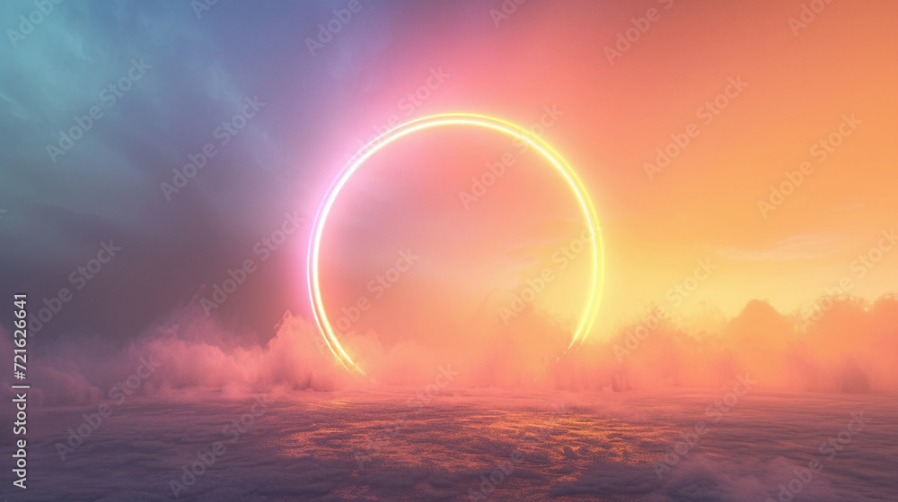 Neon Ring Rising Above Misty Landscape
