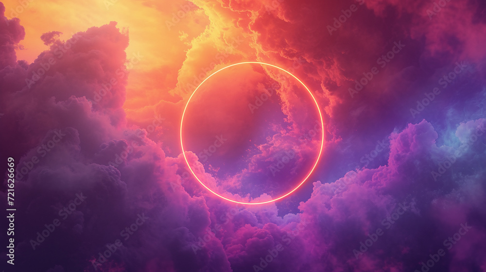 Mystical Neon Ring Amidst Stormy Clouds
