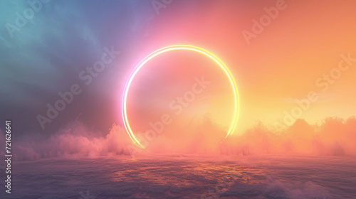 Neon Ring Rising Above Misty Landscape 