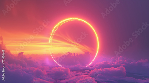 Radiant Neon Ring Sunrise Over Clouds 