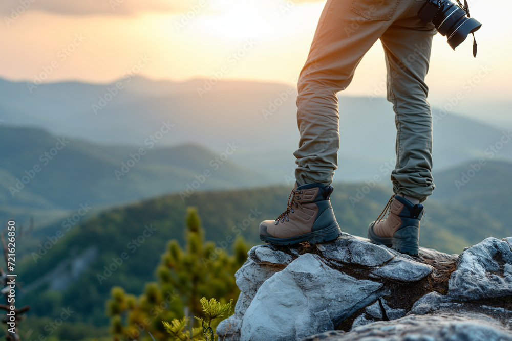 Side view, Close up legs of young asian hiking man standing, camera on kneck with happy on peak of rocky mountain, beautiful landscape in background, copy space Side view, Close up legs of young asian hiking man standing, camera on kneck with happy on peak of rocky mountain, beautiful landscape in background, copy space