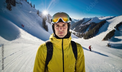 Portrait of a snowboarder in a helmet and ski goggles on a ski slope.