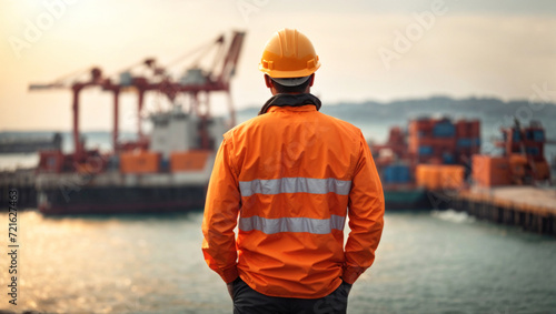 Engineer at work in the sea port. Maritime worker stand his back and look at the port crane with sea containers photo