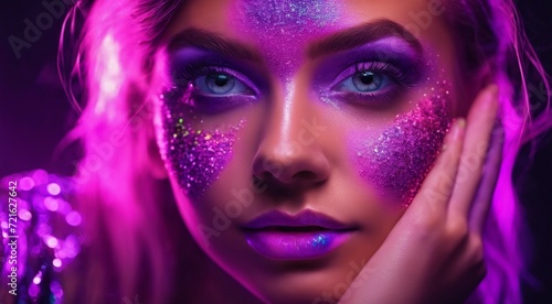 portrait of a woman with creative make up  pretty young woman UV Neon Pigment Makeup Fluorescent colors  dark background  UV makeup