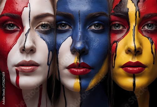 Faces of surreal colors with splashes of yellow, red, white, blue and black.	