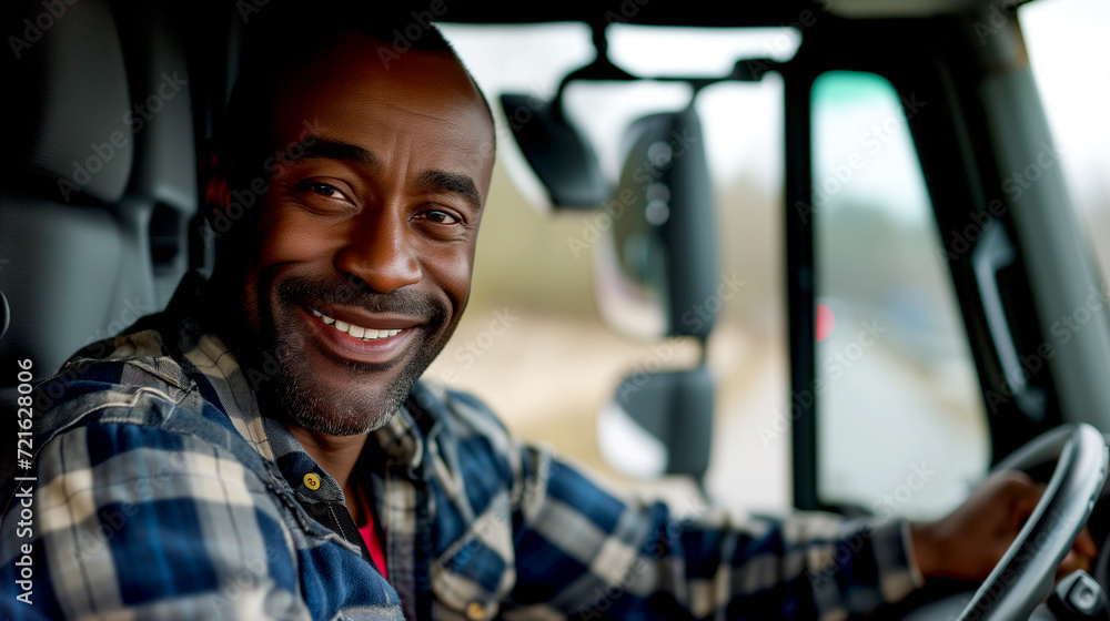 Smiling professional truck driver driving a car looking at the camera. Smiling professional truck driver driving a car looking at the camera.