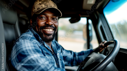 Smiling professional truck driver driving a car looking at the camera. © PETR BABKIN