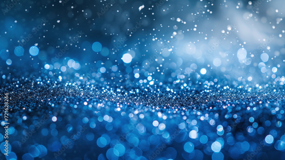 An enchanting field of blue glitter with a bokeh effect that creates a dreamy and sparkling background