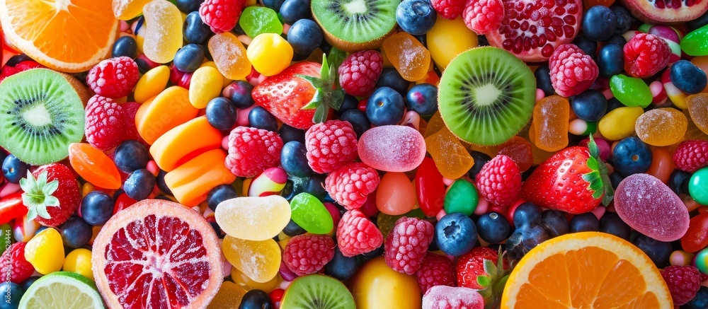 Delicious Fruit and Candy in a Multi-Colored Array of All Sorts Delicious Fruit and Candy in a Multi-Colored Array of All Sorts