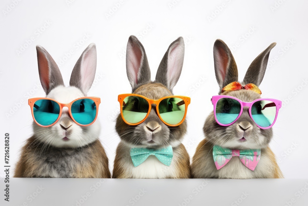 A group of cool Easter bunnies with sunglasses on white background.