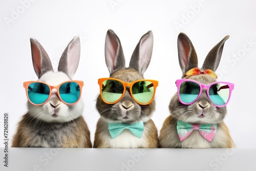 A group of cool Easter bunnies with sunglasses on white background. © Simon