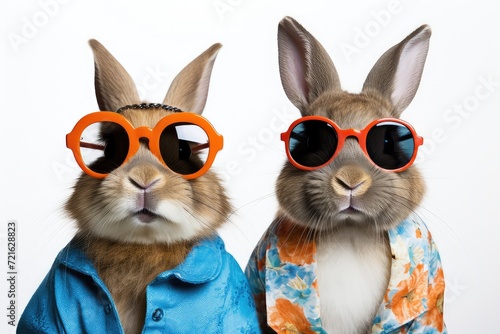 Two cool Easter bunnies with sunglasses on white background.