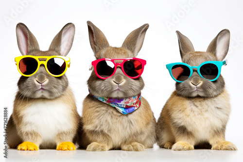 A group of cool Easter bunnies with sunglasses on white background. © Simon
