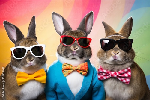 A group of cool Easter bunnies with sunglasses and bow ties.
